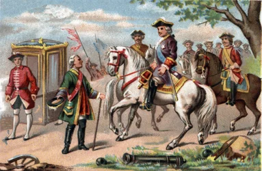 Maurice Saský, marechal Saska (1696-1750), vítězný v bitvě u Fontenoy, se setkal s Ludvíkem XV. Francouzským (1710-1774). Chromolitografie kolem roku 1890.