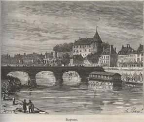 Mayenne je obec na západě Francie v regionu Pays de la Loire - rytina v „La France illustree: geography, history, Administration Statistique“ od V.-A. Sladově hnědá. 1884