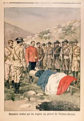 Vojenské pocty, které Britové vzdávají generálu Georgesi de Villebois-Mareuilovi (1847-1900) na hřbitově v Boshofu, ilustrace z Le Petit Journal, 29. dubna 1900.