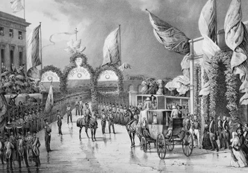 Vojenská pocta King a Gosport - Louis Philippe 1st (1773-1850), král Francouzů, princ Albert (1819-1861) a Victoria (1819-1901), královna Anglie na Gosport Station během oficiální plavby Louis-Philippe do Británie (1844) - Louis-Philippe