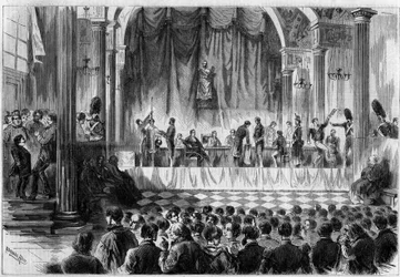 Vojenský nábor: losování branců z roku 1858 v pokoji Saint Jean hotelu de Ville v Paříži. Rytina v „“ Le Monde Illustré““ č. 44 ze dne 13. února 1858.