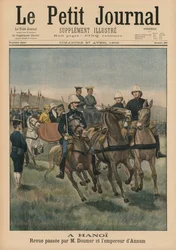 Vojenská recenze Paula Doumera, generálního guvernéra Francouzské Indočíny, a císaře Annamu, Thanh Thai, v Hanoji, ilustrace přední obálky z Le Petit Journal, Supplement Illustre, 27. dubna 1902 (