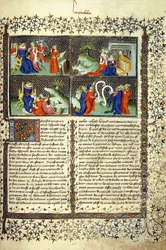 Miniatura znázorňující Soud matek, Příjezd královny ze Sáby, Šalamounovo učení a Disputaci lékařů, kolem roku 1410