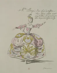 Miss Puvigne as Air, v Zoroastre, libreto Cahusac, složil Jean-Philippe Rameau (1683-1764), faksimile A. Guillaumot Fils, 1749 (barevná rytina)