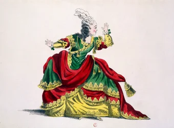 Slečna Sainval jako Zenobie v Zenobie a Rhadamisthe, faksimile od Guillaumot fils (ručně kolorovaná rytina)