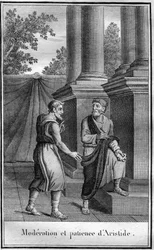 Umírněnost a trpělivost Aristida spravedlivého (starověký Řek Aristeides), athénský státník, c. 550 v deme of Alopece, zemřel 467. V „“ Krásy dávné historie nebo památná fakta a výroky velkých mužů““