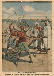 Marocké barbarství, jak se zachází se stávkujícími námořníky, ilustrace z "Le Petit Journal", supplement illustre, 24. dubna 1910.
