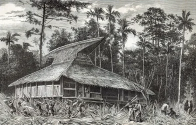 Mešita v Dodinga, Nová Guinea, ilustrace z časopisu Le Tour du Monde, 1879