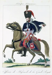 Jízdní důstojník husarů královské gardy, z Troupes Francaises, hospoda. chez Basset, Paříž, kolem roku 1790