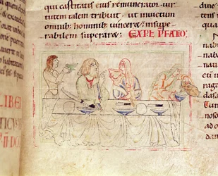 Ms.1215 t.3 fol.158v, Jídlo s Judith a Holofernem, z Bible Etienna Hardinga, 1109