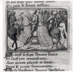 Ms.Fr.5054 fol.26 r Karel VII. (1403-61) a Johanka z Arku při obléhání Dreux, z Les Vigiles de Charles VII od Martiala dAuvergne nebo de Paris (1430-1508) 1484