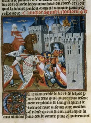 Paní Fr 118 f.189v Sir Lancelot zajal Dolorous Garde s pomocí nového štítu, který mu dala Paní jezera, z Livre de Messire Lancelot du Lac