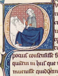 Ms 1003 f.185v Examining a Patient, z Oeuvres de Galien od Claudia Galena (c.130-c.201)