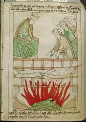 Ms 108 fol. 213 Umučení sv. Vavřince v roce 258 n. l., z Bible