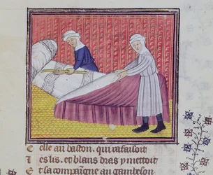 Ms 1130 fol.83r Cudnost a chudoba ustlání postele, z Le Roman des Trois Pelerinages od Guillaume de Digulleville