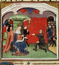 paní 1142 fol.4 Bertrand du Guesclin (asi 1320-80) před Karlem V. (1338-80) a jeho dvorem