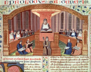 Ms 129 f.32 Lekce teologie na Sorbonně, z Postilles sur le Pentateuch, ilustrace k textu napsaném Nicolasem de Lyre