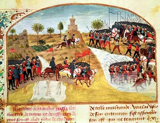 Ms 1335 f.62v Jak Alexandr Veliký (356–323 př. n. l.) překročil Tigris a Eufrat, z Vie dAlexandre le Grand