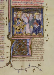 Rukopis 13, fol. 232: Korunovace Ludvíka IX. (1214/15-70) a pravděpodobně Fridricha II. (1194-1250), ze žaltáře Pierra Lombarda, počátek 15. století