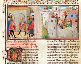 Ms 149 t.1 fol.16 Dohoda a stavba hradu, z Histoire des Nobles Princes de Hainaut, Jacques de Guise