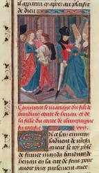 Ms 149 t.3 fol.105 Sňatek Balduina VI. a Marie, dcery hraběte ze Champagne, z Histoire des Nobles Princes de Hainaut, Jacques de Guise