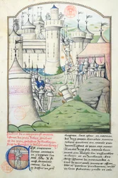 Paní 1560 Dobytí Jeruzaléma v roce 1099 Godfrey de Bouillon a křižáky během první křížové výpravy, miniatura z Fleur des Histoires