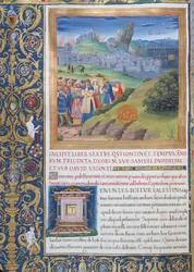 paní 1581 f. 108v Ilustrace z Knihy VI (Od smrti Eliho po smrt Saulovu), kapitola 1 Starožitnosti Židů (Antiquitates Judaicae) od Flavia Josepha – Zkáza, která cam