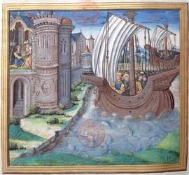 paní 1581 f. 326v Ilustrace z knihy XVI (Od dokončení chrámu Herodem po smrt Alexandra a Aristobula), kapitola 1 Starožitnosti Židů (Antiquitates Judaicae) od Fl.