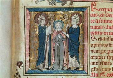 Rukopis 16261, fol. 1, Uvedení svaté Jenovéfy na trůn, z pozemkového registru opatství Sainte-Geneviève
