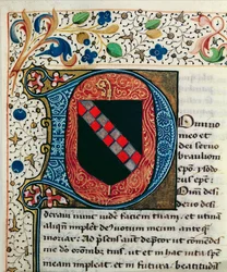 Ms 167 fol.69 Historizovaná iniciála "D" zobrazující erb rodiny Clairvaux, z knihy "Etymologiae" od svatého Isidora ze Sevilly.