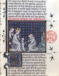 Paní 1729 Výchova královského syna, ilustrace k příběhu Baláma a Josephata z Legenda Aurea od Jacobuse da Varagine, kolem roku 1370