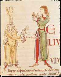 Ms 173 f.66r Iniciála H v podobě dvou kejklířů, z Moralia in Job od papeže Řehoře Velikého, burgundská škola