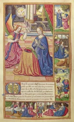 Ms 17 fol.2 Zvěstování a dětství Krista, z Vie des Femmes Celebres, kolem 1505