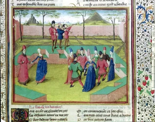 Ms 19153 f.7 Carole in the Orchard, ilustrace z Le Roman de la Rose od Jean de Meung, kolem 1460