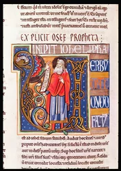 Ms 1 fol.193v Historická iniciála U zobrazující Joela ze Souvigny Bible