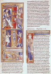 Ms 1 fol.284r Ester a Ahasver a Hamanovo oběšení, ze Souvigny Bible