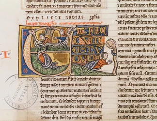 Ms 21 Fol.163v Historizovaná iniciála E zobrazující Jonáše vhozeného do moře, z blíže neurčené bible.