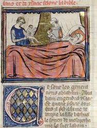 Ms 22 fol. 30 Narození dvojčat Jacoba a Ezaua, miniatura z Bible Historiale od Guiarta des Moulins