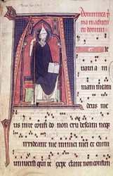 Ms 241 f.1 Historická iniciála A zobrazující svatého Řehoře, z Antifonálu pro zasvěcení kostela Abbey Church of Vauclair, 1257