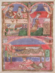 Ms 250 f.24r St. Radegund (518-87) u stolu Clothar I (497-561), v její oratoriu a u nohou královského lože, ze Života svatého Radegunda