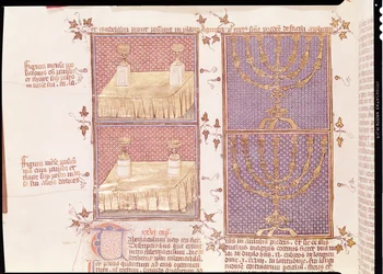 Ms 290 Tome 1 f.89v Obětní stůl a menora, z knihy Postilles sur la Bible od Nicolase de Lyre.