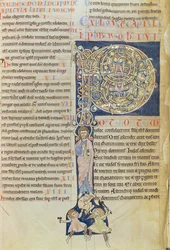 Ms 2 fol.3v t.1 Historická iniciála „P“, z Bible kláštera Saint-Andre aux-Bois