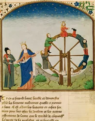 Ms 3045 fol.22v Boethius s kolem štěstí, z knihy De Consolatione Philosophiae, překlad Jean de Meung