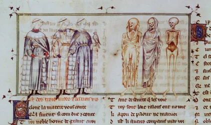 Ms 3142 fol.311r Příběh tří živých mužů a tří mrtvých mužů, z Recueil de Poesies Francaises, c.1280-90