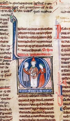 Ms 365 fol.318v Historická iniciála D zobrazující manželství, z Dekretálů Řehoře IX.