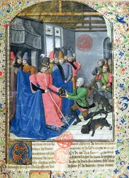 Ms 3717 Lovec předává autorovi výtisk svého pojednání o lovu, z knihy Livre de la Chasse od Gastona Phebuse de Foix (1331-91)