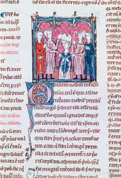 Rukopis 372, fol. 158v Uvedení biskupa na stolec, z Décrets de Gratien
