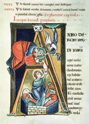 Ms 3 fol. 233 Historická iniciála A zobrazující Daniela ve Lví jámě, z Bible de Saint-Sulpice de Bourges