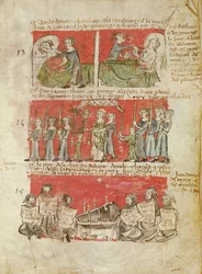 Ms 406 fol.6 Výjevy ze života studentů College of Hubant nebo Ave Maria, ze stanov College of Hubant, Paříž, 1387