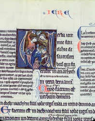 Ms 48 fol.95v Historická iniciála V zobrazující kamenování proroka Jeremiáše